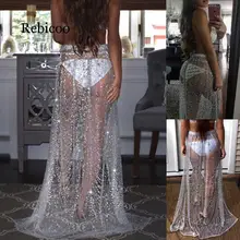 Summer Sexy Beachwear Rhinestone Long Sequin Skirt Loose Side Split Mesh See Through Gold Maxi Glitter Skirt Sparkle Female
