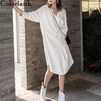 

Colorfaith New 2020 Women Spring Summer Shirt Dresses Casual Hollow Out Loose Slit Cross Fashionable Pleated White Dress DR970