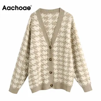 Image of Aachoae Women Batwing Long Sleeve Loose Cardigan Sweater V Neck Casual Lady Knitted Jumper Tops Houndstooth Sweater Jersey Mujer