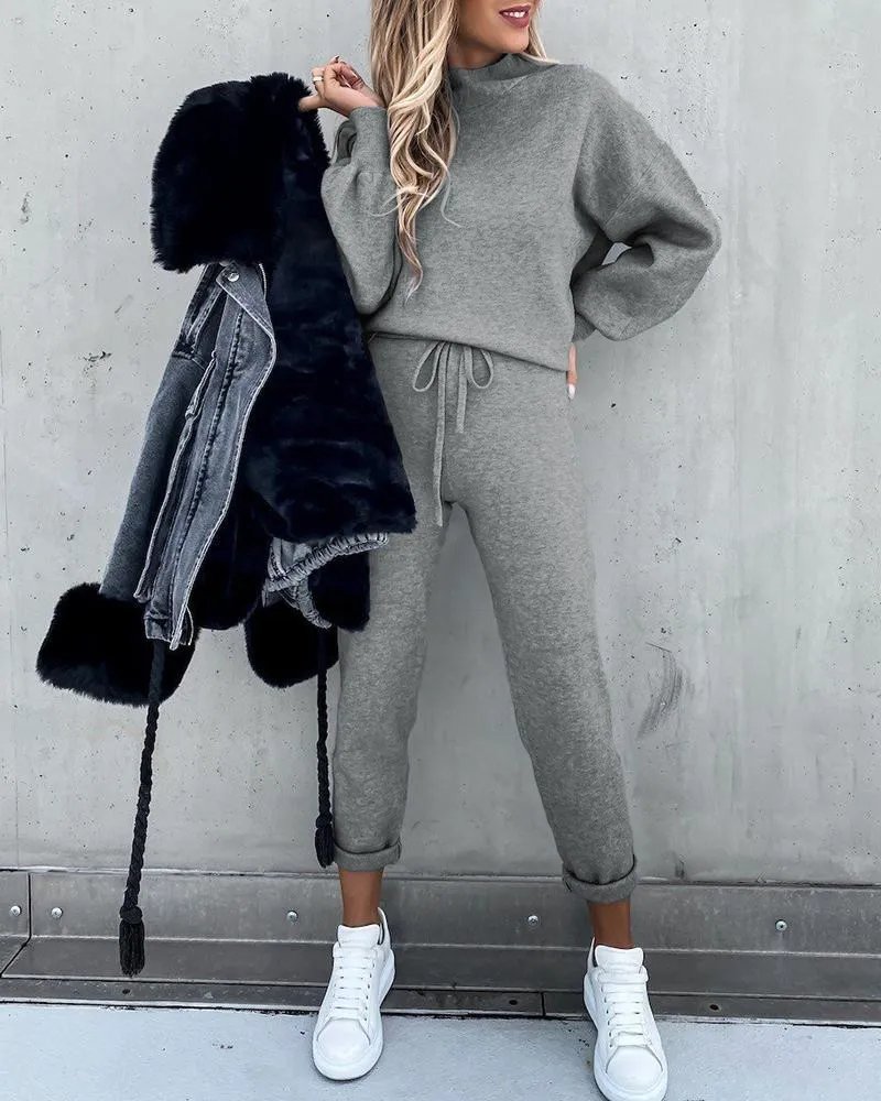 

Spring Autumn Women Two Piece Set Fashion Long Sleeve Top and Pant Playsuit Plus Size Loose Solid Color Casual Sport Suits