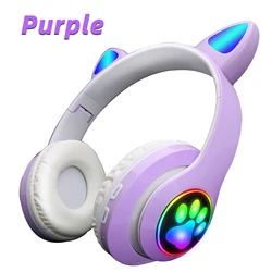 Charming Pink Cat Ear Wireless Headphones with Microphone - Foldable Stereo Earphones (Purple B39C)