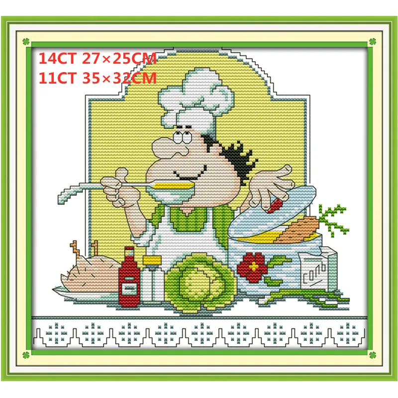 Joy sunday Humor Chef Funny Cook Kitchen Cross Stitch Embroidery Needlework Sets Kit Punto de cruz Aida Fabric DMC Home Decor(2)