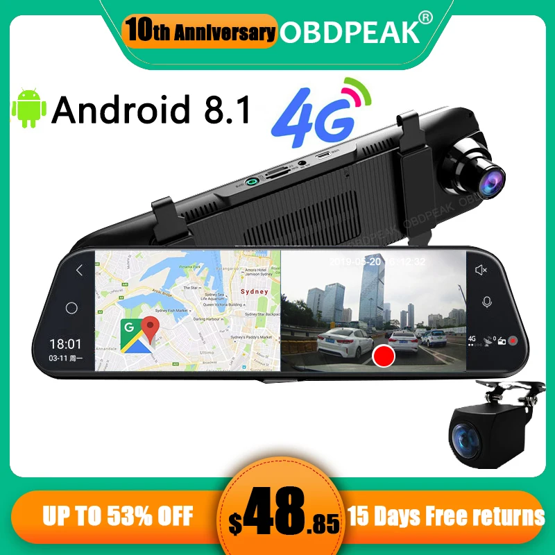 Видеорегистратор автомобильный на Android 8 1 4G 10 дюймов FHD 1080P ADAS