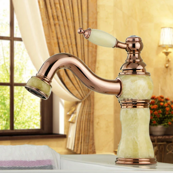 

tural jade full copper gold marble antique European style classical tap with cold and hot water washs face basin bibcock