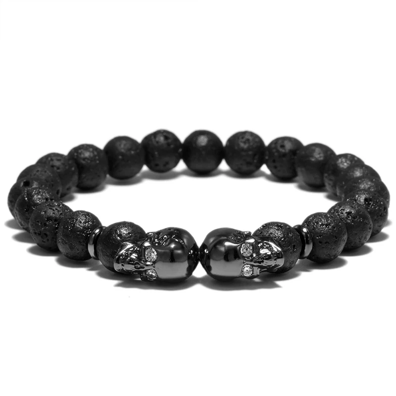 Punk Double Skull Head Design Beads Bracelet 4 Color Natural Stone Beaded Lava Braclet For Men Biker Wristband Jewelry Homme