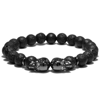 Punk Double Skull Head Design Beads Bracelet 4 Color Natural Stone Beaded Lava Braclet For Men Biker Wristband Jewelry Homme