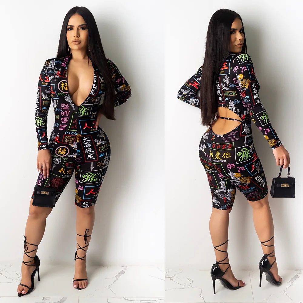 ANJAMANOR Sexy Print Rompers Womens Fashion Spandex One Piece Bodycon Jumpsuit Club Outfits 2020 Clothes for Women D35-AD22