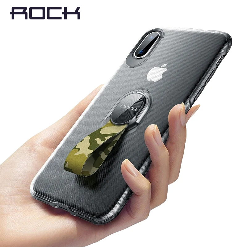 Защитный чехол ROCK с держателем и ремешком для iPhone X прозрачный кольцом на палец