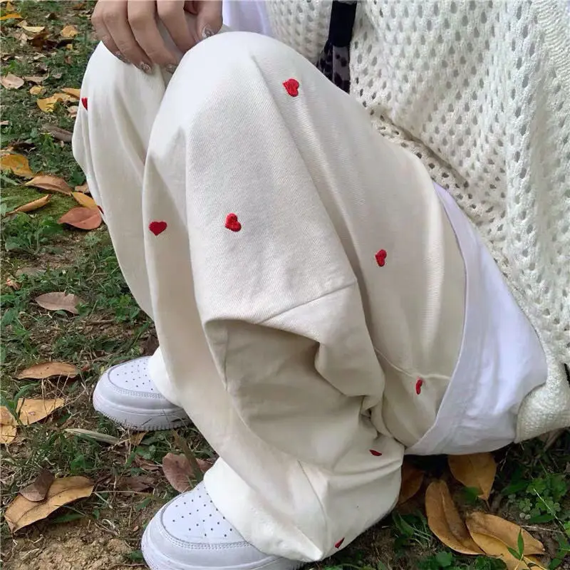HOUZHOU Korean Style Women Sports Pants Cute Wide Leg Pants Fashion Summer Jokers Trousers for Female Harajuku Sweatpants Beige 2