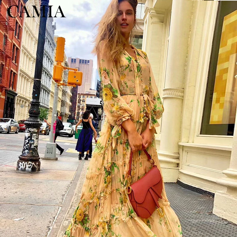 

CAMIA ZIM autumn holiday dress yellow chiffon printed wood ear straps waist two-piece party dress female