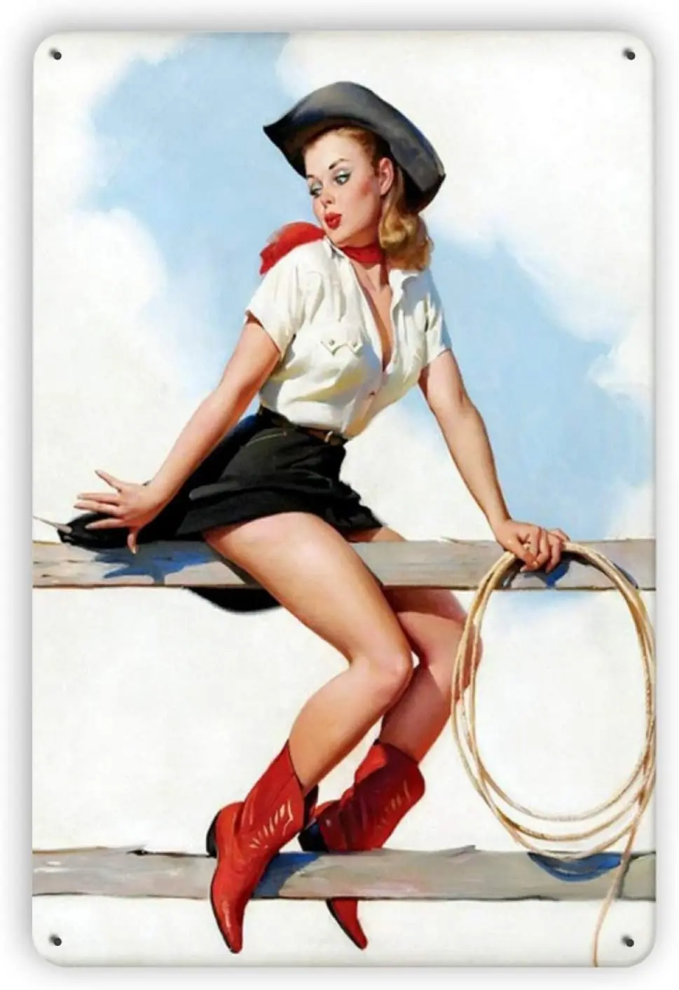 

Ovonetune Cowgirl Pin-Up Vintage Metal Tin Signs, Retro Art Tin Sign Decorations Plaque fo Bars Club Cafe Home Kitchen