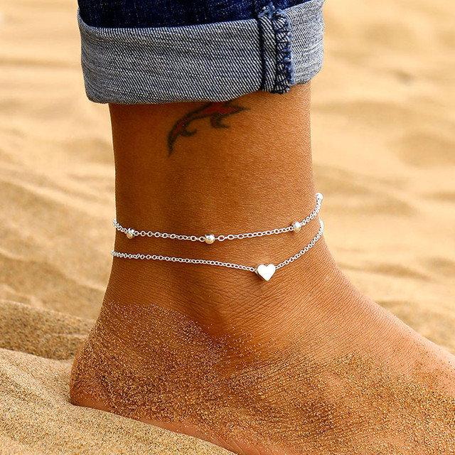 Female Anklets Simple Silver Color Heart Barefoot Crochet Sandals Foot Jewelry Two Layer Bracelet Anklets for Women