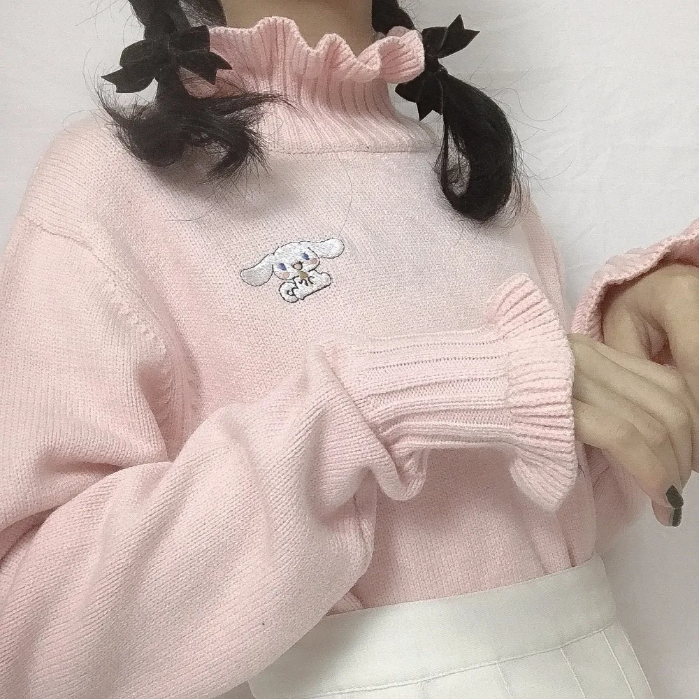 

2 Color New Long Sleeve Autumn Knit Tops Harajuku Kawaii Cute Pullover Pink Lady Small Doggy Pattern Embroidery Women Sweater