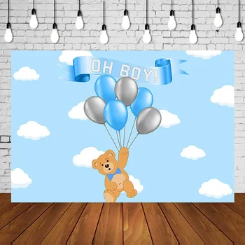 

Bear Boy Baby Shower Backdrop Balloons Cartoon Bear Babyshower Background Newborn Birthday Poster Sky Cloud Photo Booth Banner