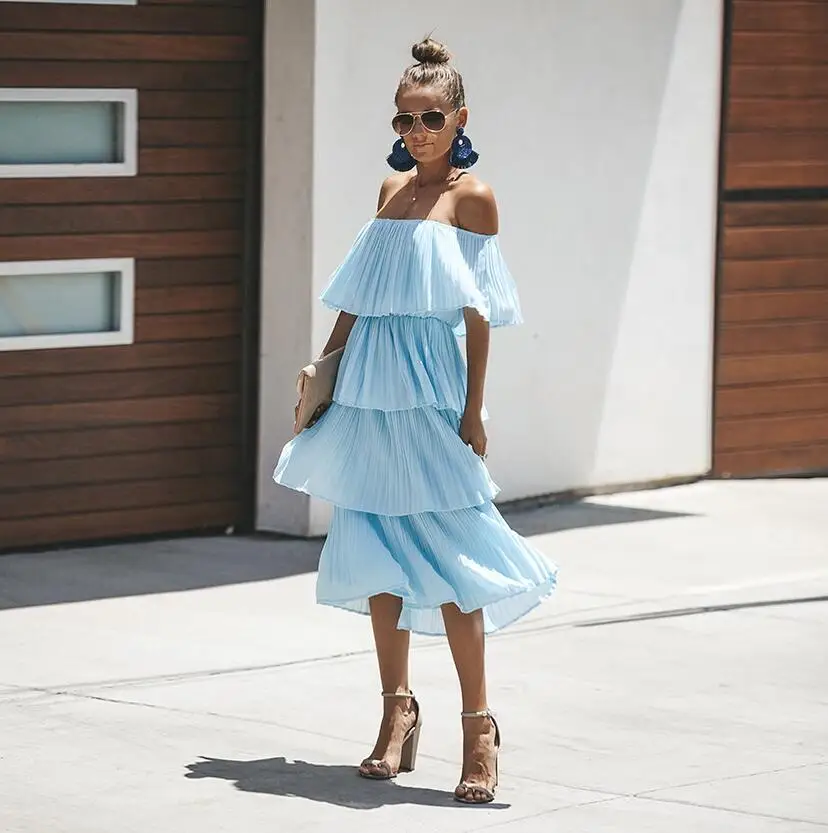 Boho свободное летнее женское платье элегантное пляжное праздничное платье с открытыми плечами сексуальное однотонное платье миди с рюшами без бретелек - Цвет: Небесно-голубой