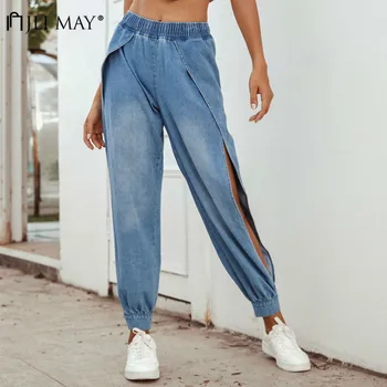 

JLI MAY Sexy Hollow Out Long Pant High Waist Jeans Women Streetwear Pockets Casual Elastic Waist Loose Pencil Distressed Jean