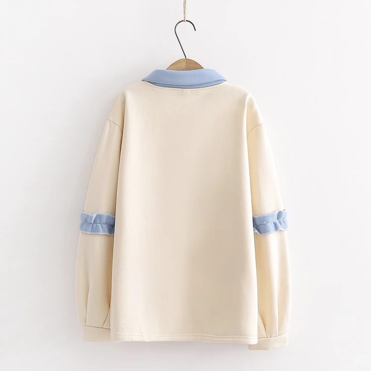 Merry Pretty Women's Cartoon Rabbit Print Cute Hoodies Sweatshirts Winter Warm Ruffles Patchwork Turndown Collar Pullover