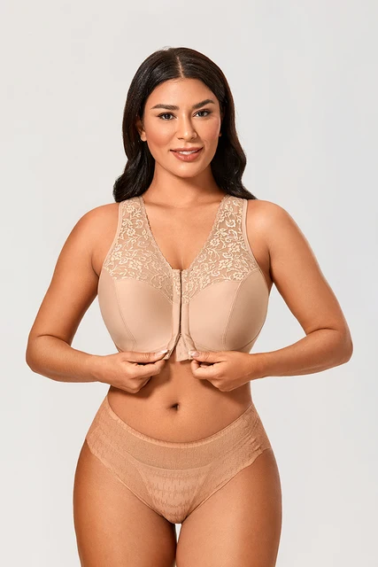 Women's Sheer Lace Front Closure Bra Cotton Plus Size Full