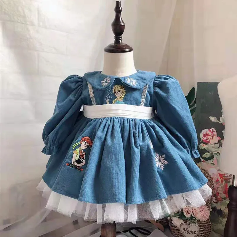 Осень-зима, От 0 до 8 лет, винтажное голубое платье-майка для маленьких девочек, испанское платье принцессы в английском стиле с длинными рукавами для девочек