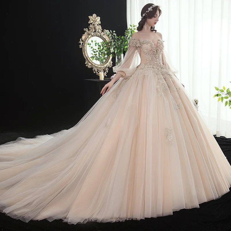 SSYFashion, роскошное свадебное платье цвета шампанского, Новые свадебные платья с рукавом-фонариком и шлейфом, кружевные свадебные платья с бисером, Vestido De Novia