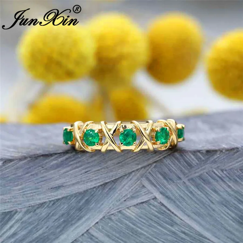 Boho Female Crystal Green Stone Rings For Women Yellow Gold Dainty Round Zircon Thin Ring Band Wedding Engagement Ring Female CZ