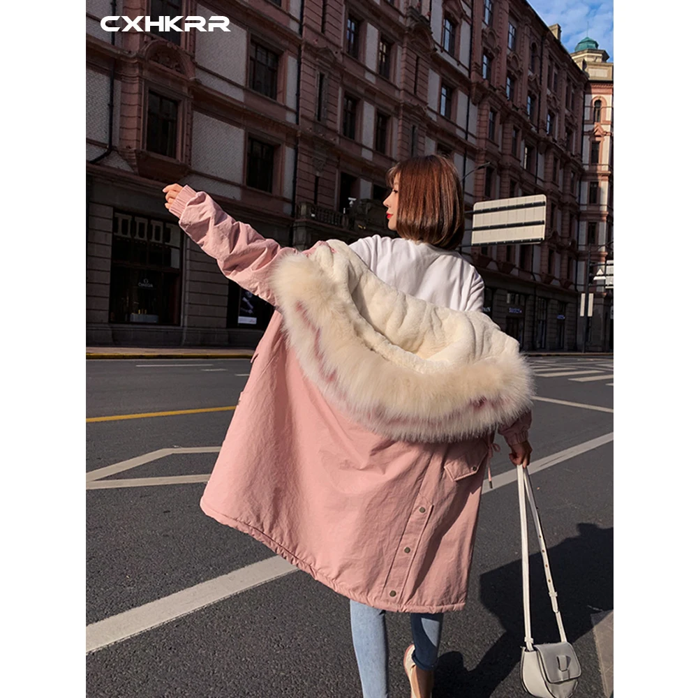 CXHKRR Fashion Long Parka Coat Jacket Oversized Cotton Jacket Women Winter Faux Fur Collar Hooded Jacket Cotton Women