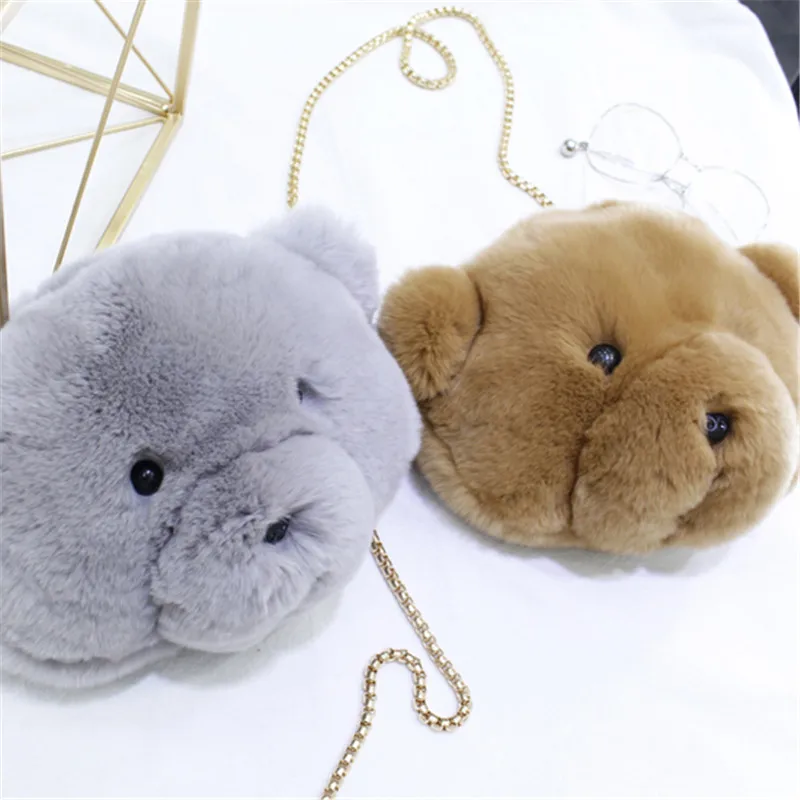 

Cute Cartoon Winter Design Rex Rabbit Fur Female Messenger Bag Teddy Bear Head Women's Bag Girl Gift Cute Toy Bag.