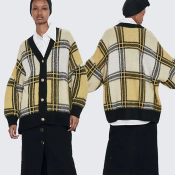 

2020 Early Spring ZA New Plaid Cardigan Long-sleeved V-neck Large Size Single-breasted Contrast Color Stitching Cardigan Sweater