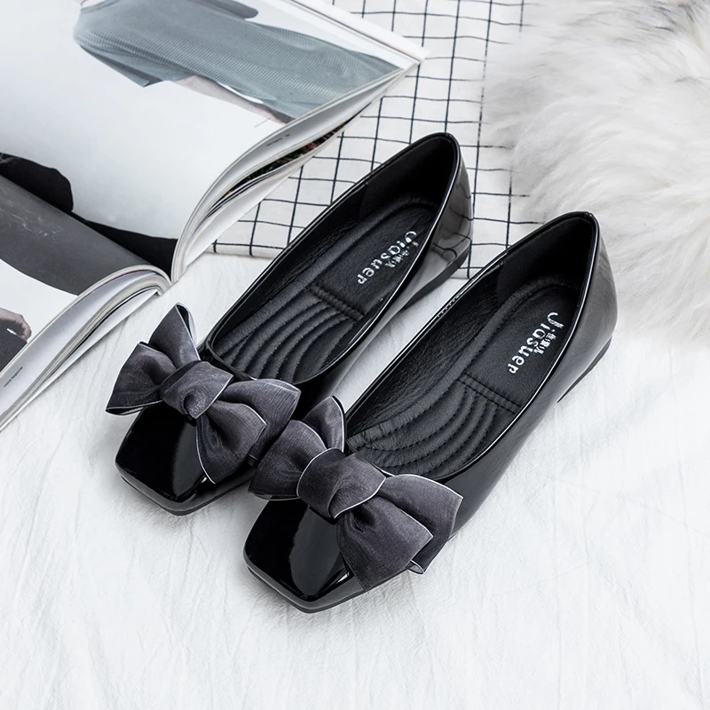 

New Patent Leather Flat Women Butterfly-knot Ballet Flats Shoes Women Plus Size 41 Black Square Toe Bowtie Shoes Black for Lady