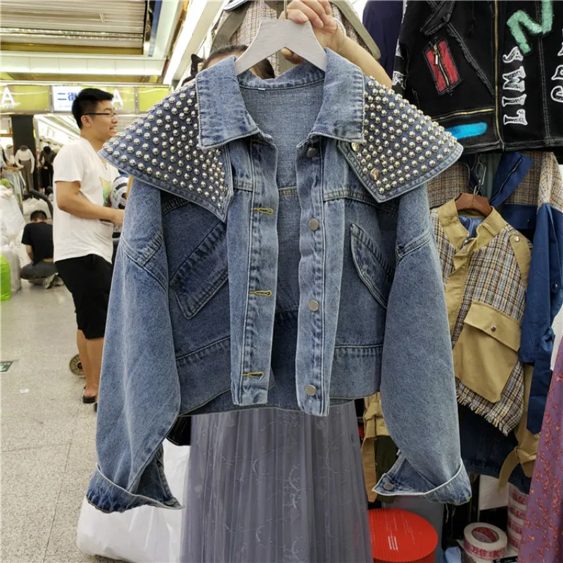 

Heavy Industry Rivet Cowboy Coat Woman Short Denim Jacket Women 2020Spring Autumn New Loose Disassembly Shawl Retro Bf Jean Coat