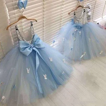 

High Quality Blue Puffy Tulle Girls Pageant Gown Ankle Length O Neck Little Kids Birthday Party Dress High Quality Size2-16Y