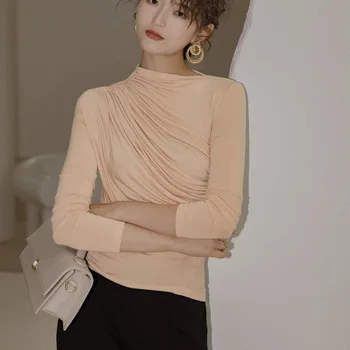 

iMucci 2020 New Spring Summer Women Fashion Blouses Full Sleeves Solid Color Slim Style Fold Chic Round Collar Shirt TM1470