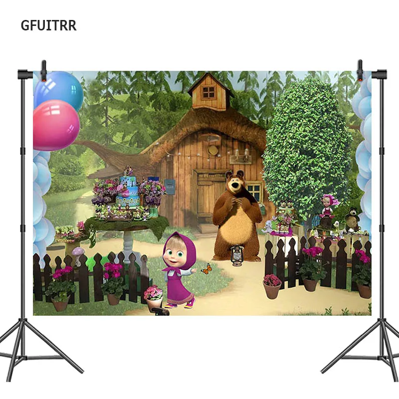 

GFUITRR Masha and Bear Photography Backdrop Birthday Party Photo Background Vinyl Photobooth Studio Props