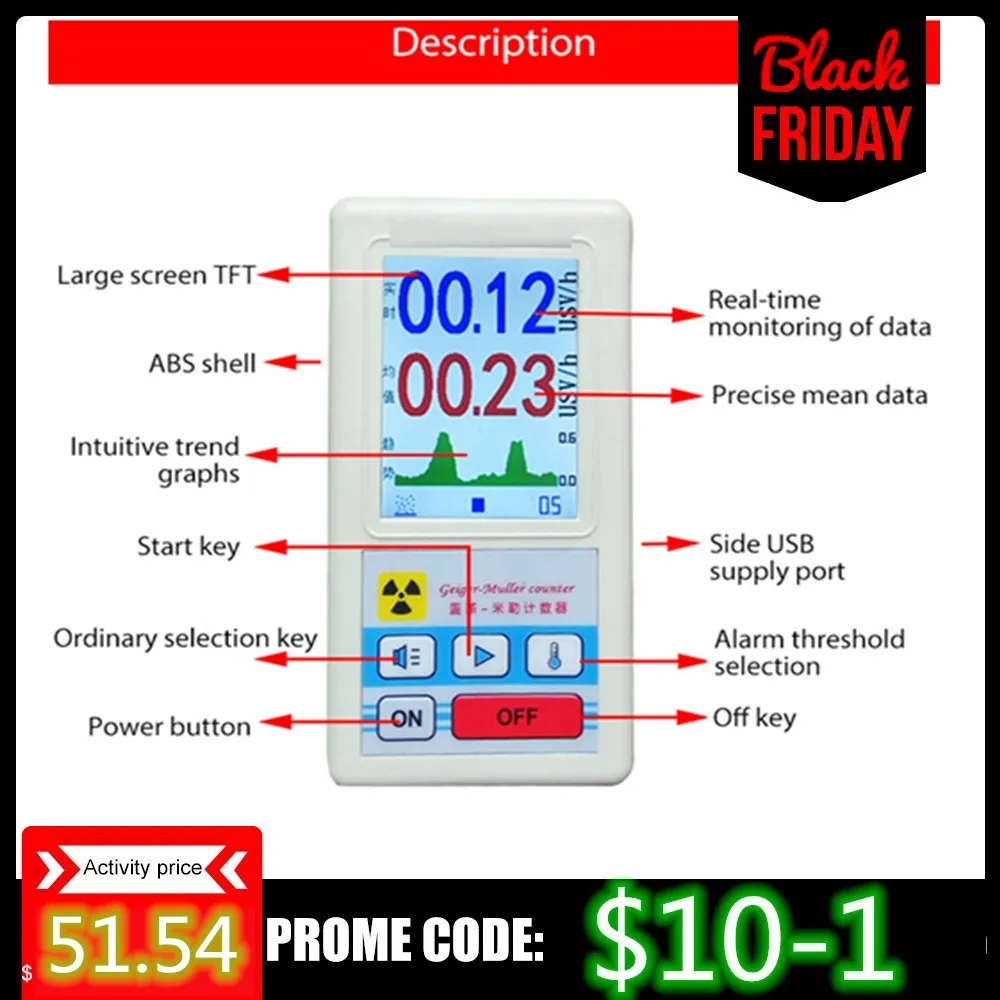 

Geiger Counter Display Color Screen Nuclear Radiation Detector Personal Dosimeter X-ray Beta Gamma Detector