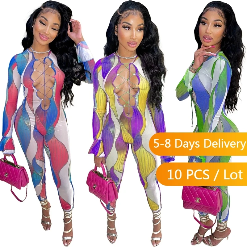 

Wholesale Items Cut Out Sexy Jumpsuits for Women Fall Clothes Lace Up Bodycon Jumpsuit Color Patchwork Club Long Sleeve Jumpsuit
