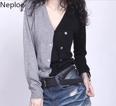 

Neploe Plus Size Women Pullover Sweater 2019 V Neck Buttons Slim Bottom Knit Winter Tops Contrast Color Knitwear Jumper 54671