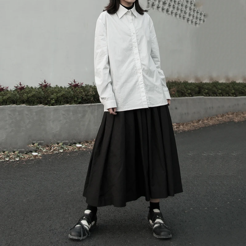 [EAM] Women White Cotton Temperament Blouse New Lapel Long Sleeve Loose Fit Shirt Fashion Tide Spring Autumn 1K492