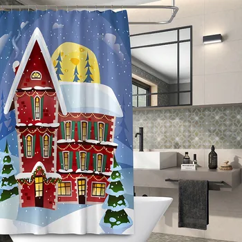 

Merry Christmas Printed Shower Curtain Waterproof Polyester Fabric Bathroom Curtain Liners with Hooks