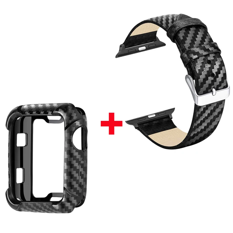 PC чехол из углеродного волокна + ремешок натуральной кожи для Apple Watch 4 5 44 мм 40