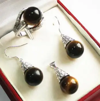 

Fashion jewelry Free Shipping QW55 Set AAA 12mm Tiger's Eye Pendant Necklace Earrings Ring Set C03^^^@NEW style Fine jewe Noble