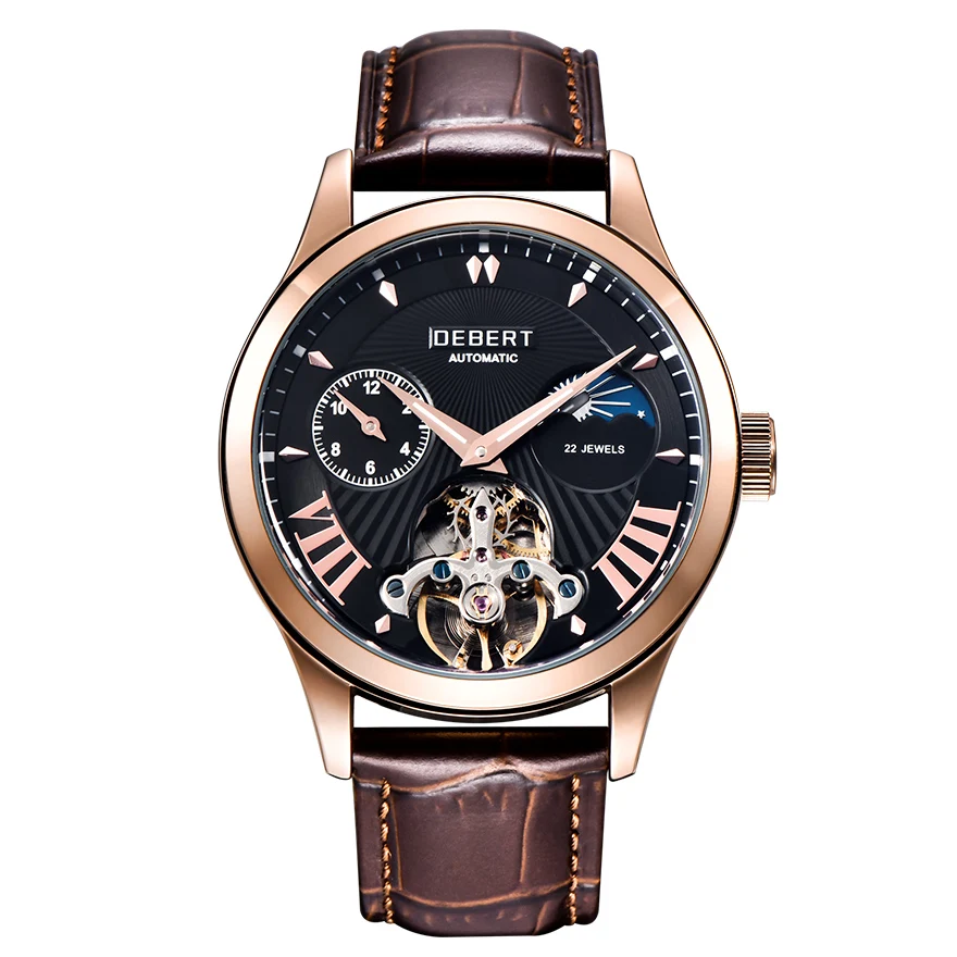 Rose gold case 2 Deber 41 мм часы Мужские автоматические механические часы мужские кожаный ремешок светящиеся военные водонепроницаемые MQ-007 - Цвет: Rose gold case 2