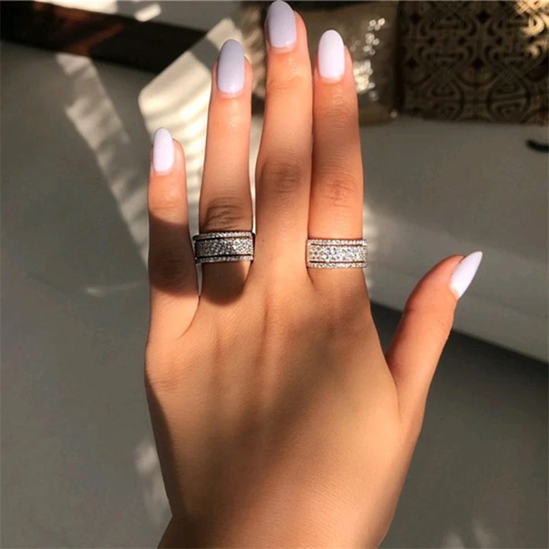 Elegant Silver Color Rhinestone Crystal Ring Wide Love Rings For Women Wedding Engagement Full Zircon Finger Rings Jewelry Gifts - Image 6