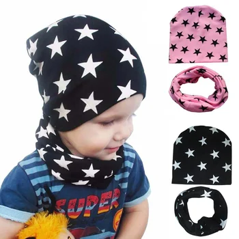 

2Pcs/Set Autumn Winter Baby Hat Scarf Solid Color Cap For Boys Girls Cotton Knit Beanie Cute Kids Stars Printed Caps Scarves