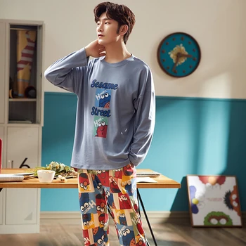 

MELIFLE Autumn All-Cotton Cartoon Print Warm Men Pajamas Set Long Sleeve Loose O-Neck Masculino Sleepwear Winter Leisure Nightie