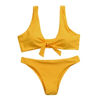 

Swimming Suit For Women Sexy Bikini Set Swimwear Knotted Padded Thong Swimsuit Wire Free Scoop Neck Bathing Swimming Suit #C2