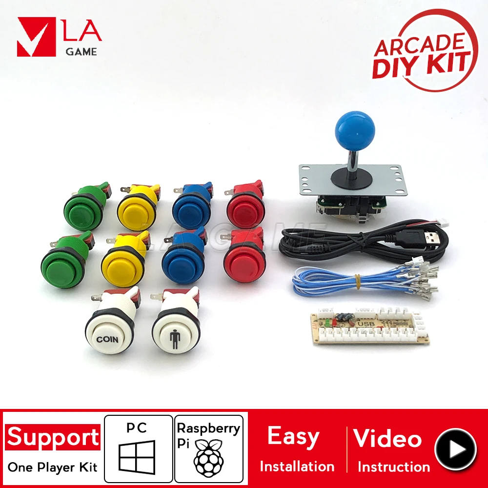 1 player diy kit zero delay encoder to PC Rasberry Pi arcade game happ type buttons sanwa joystick 5 pin 8 way with round ball diy arcade game parts pc of zero delay arcade diy kit mame usb encoder sanwn type joystick sanwn type push buttons wire harness