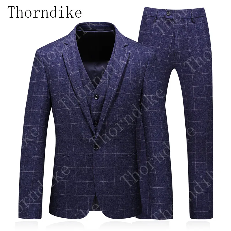 Thorndike(пиджак+ жилет+ брюки), новинка, мужской модный бутик, клетчатый Свадебный костюм, 3 предмета, мужской деловой смокинг - Цвет: dark blue