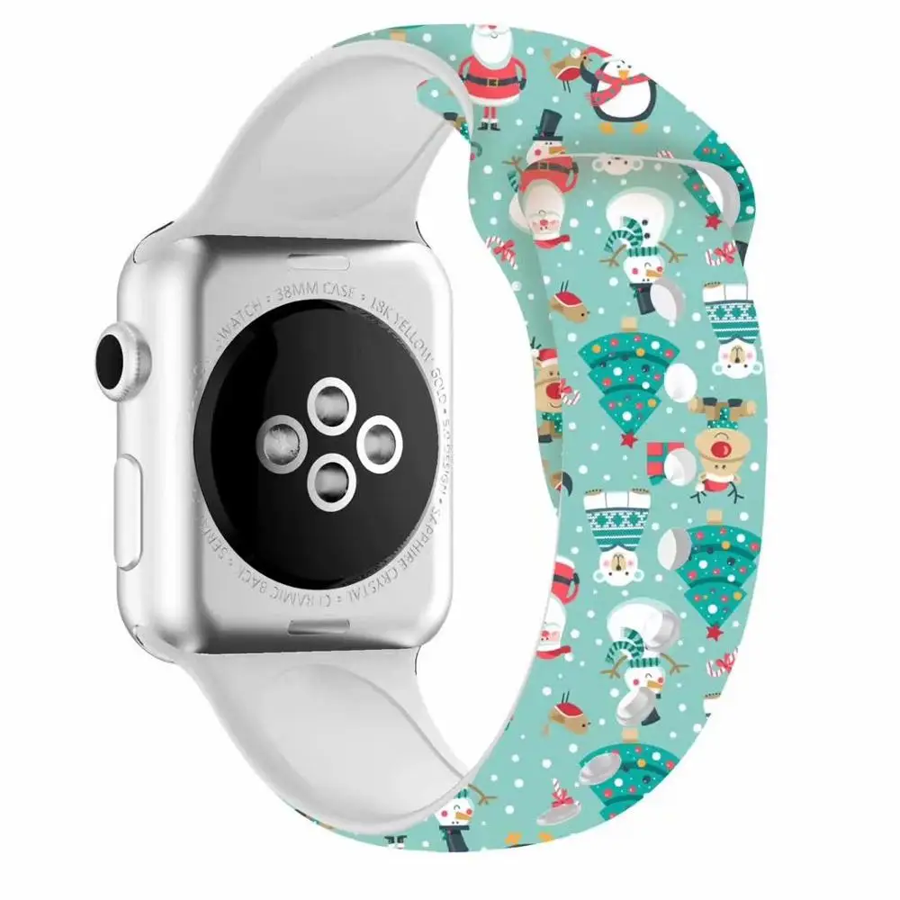 Ремешок для часов Apple watch 5 полос 40 мм 44 мм, силиконовый ремешок с цветочным принтом для iWatch серии 5 4 3 2 38 мм 42 мм Рождественский подарок - Цвет ремешка: LGr  Santa Claus