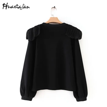 

Huaxiafan Women Sweatshirts Black Patchwork Ruffles Long Sleeve Sweatshirts Female Casual Tops Hoodies Spliced Sweatshirts