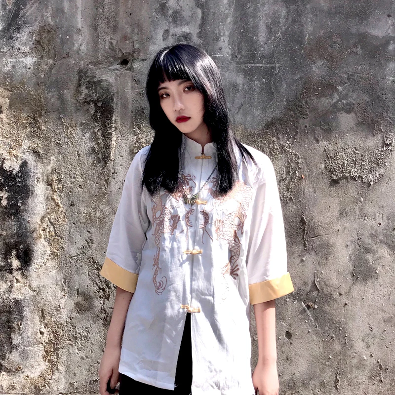 Lychee Harajuku пряжка с длинным рукавом Лоскутная Осенняя женская блузка Дракон женская блузка с вышивкой отложной воротник женская рубашка